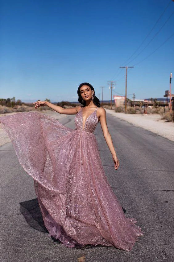Vestidos formales sexys con escote en V profundo y tirantes finos, espalda abierta, tul con lentejuelas, vestido de fiesta largo / Tienda de vestidos de fiesta